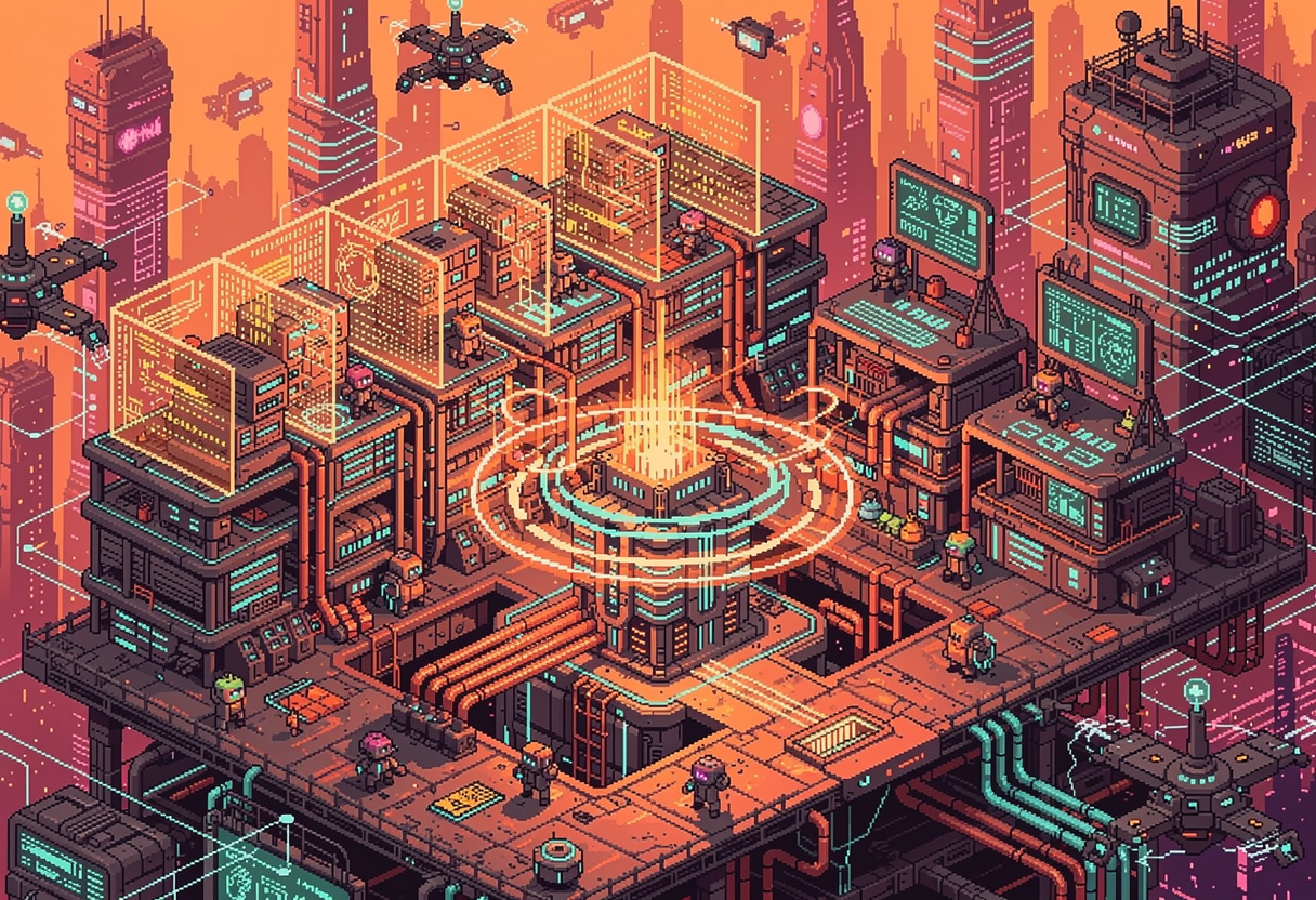 Cutaway diagram of parallel processing chambers, each containing isolated context windows feeding into central orchestration hub