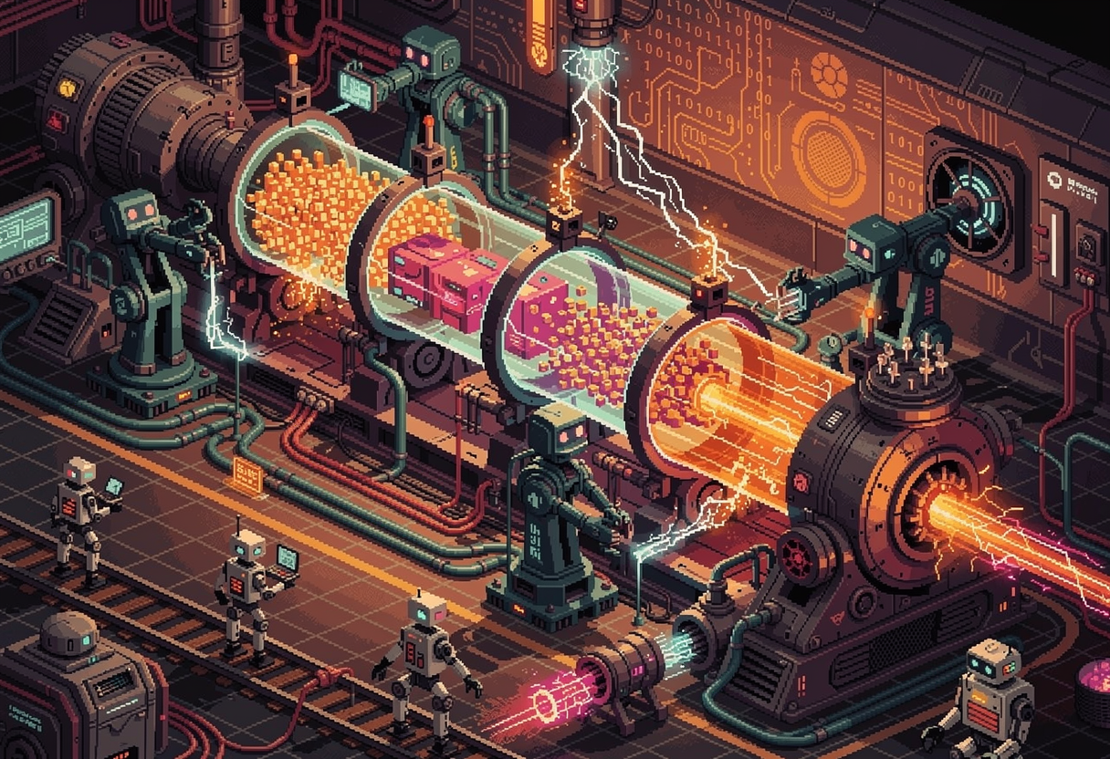 Cross-section of context orchestration engine with rotating chambers, each processing atomic tasks before ejecting and resetting for the next operation