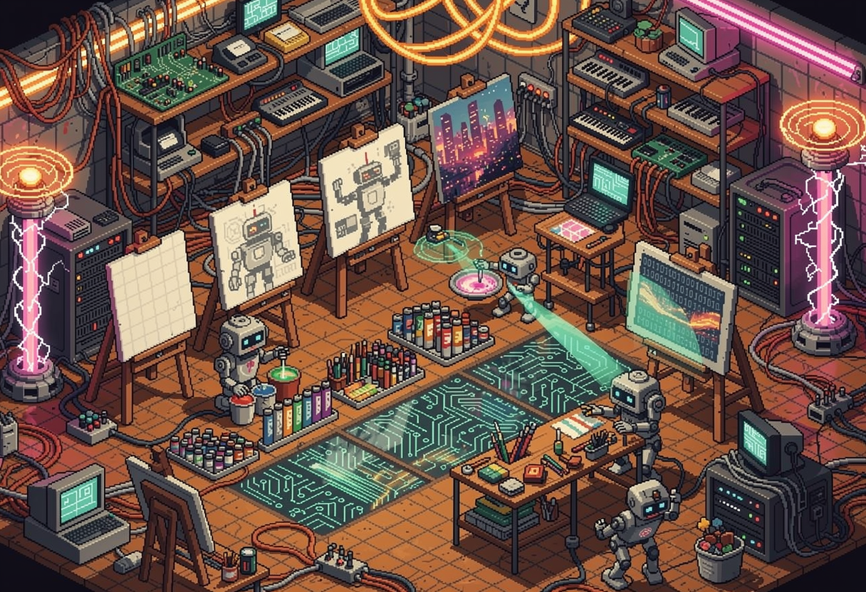 An artist's studio with multiple canvases at different stages, each on its own easel, tools cleaned and organized between them