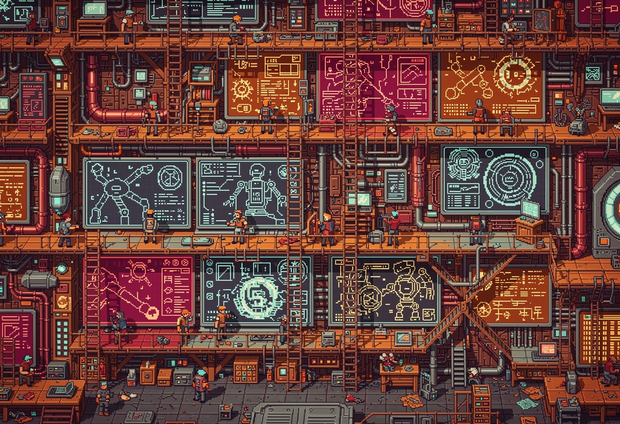 A workshop wall covered in interconnected blueprints, each sheet representing a different component of a larger machine, with clear sight lines between related sections