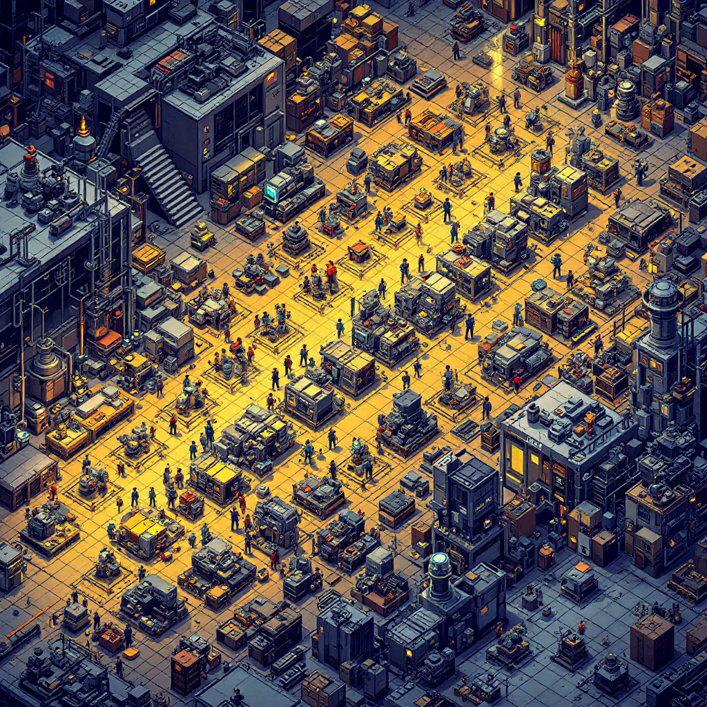 An assembly line where workers at each station complete their specific task without consulting workers at other stations, with a supervisor assigning work from above