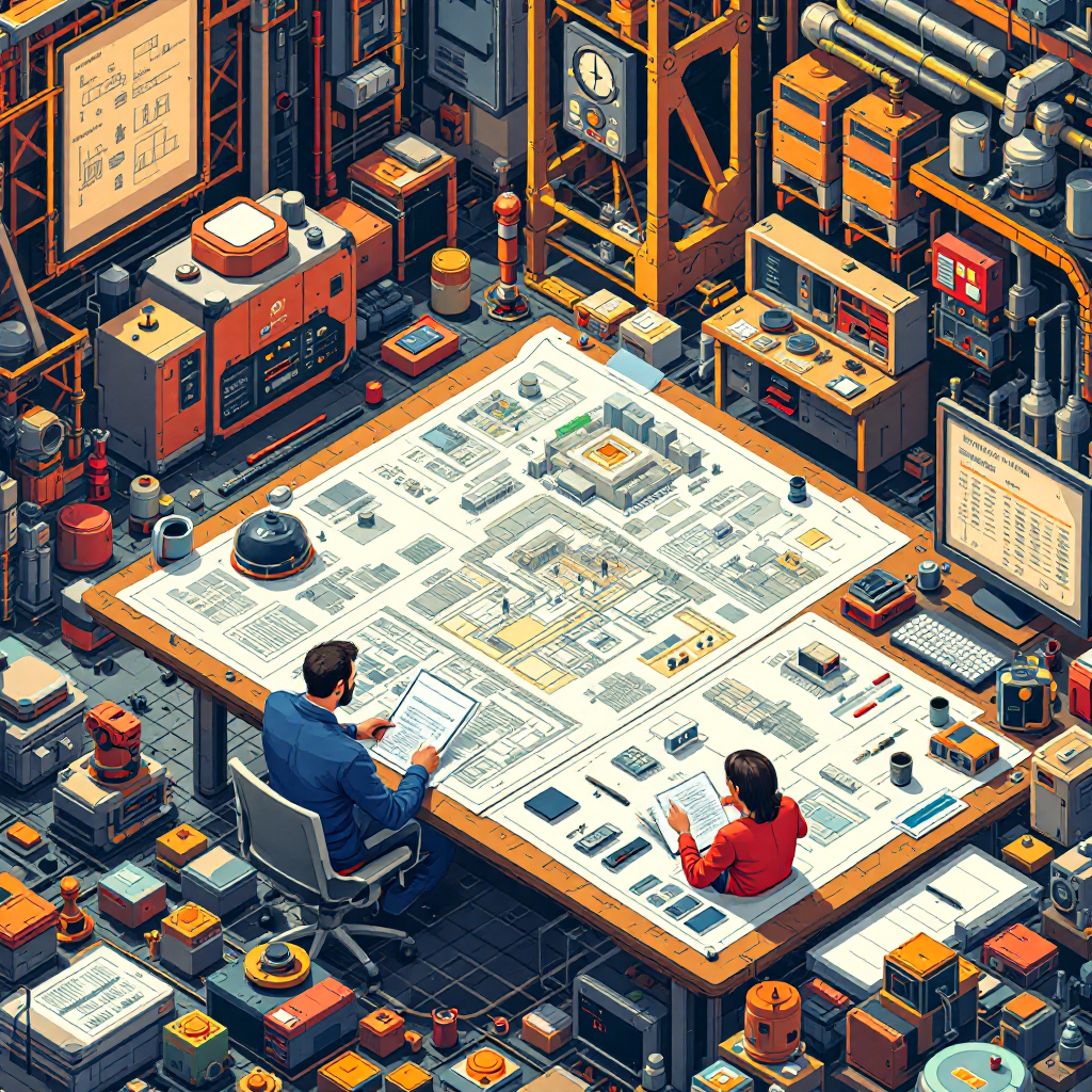 An architect reviewing multiple building blueprints spread across a large table, switching between detail drawings and master site plans