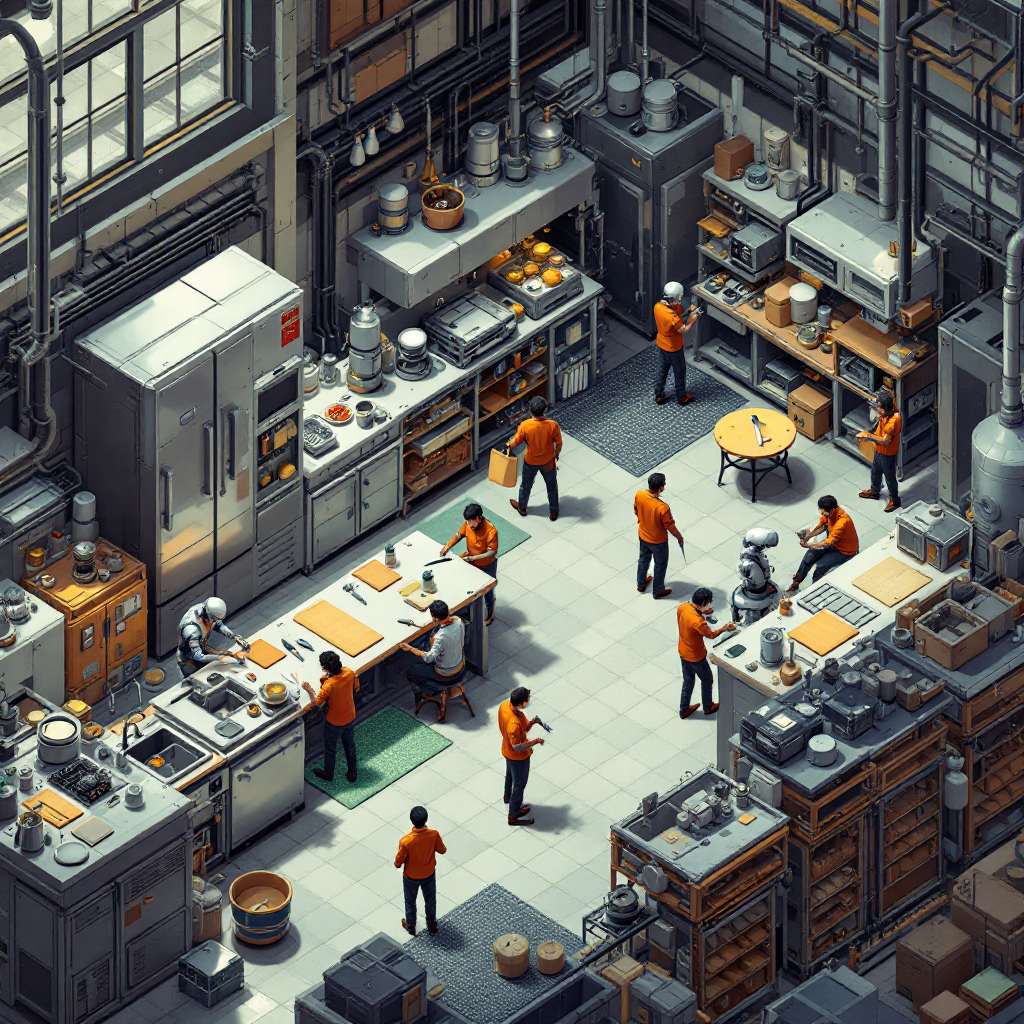 Kitchen prep area with two distinct workstations - one with elaborate equipment, one with just a cutting board and knife